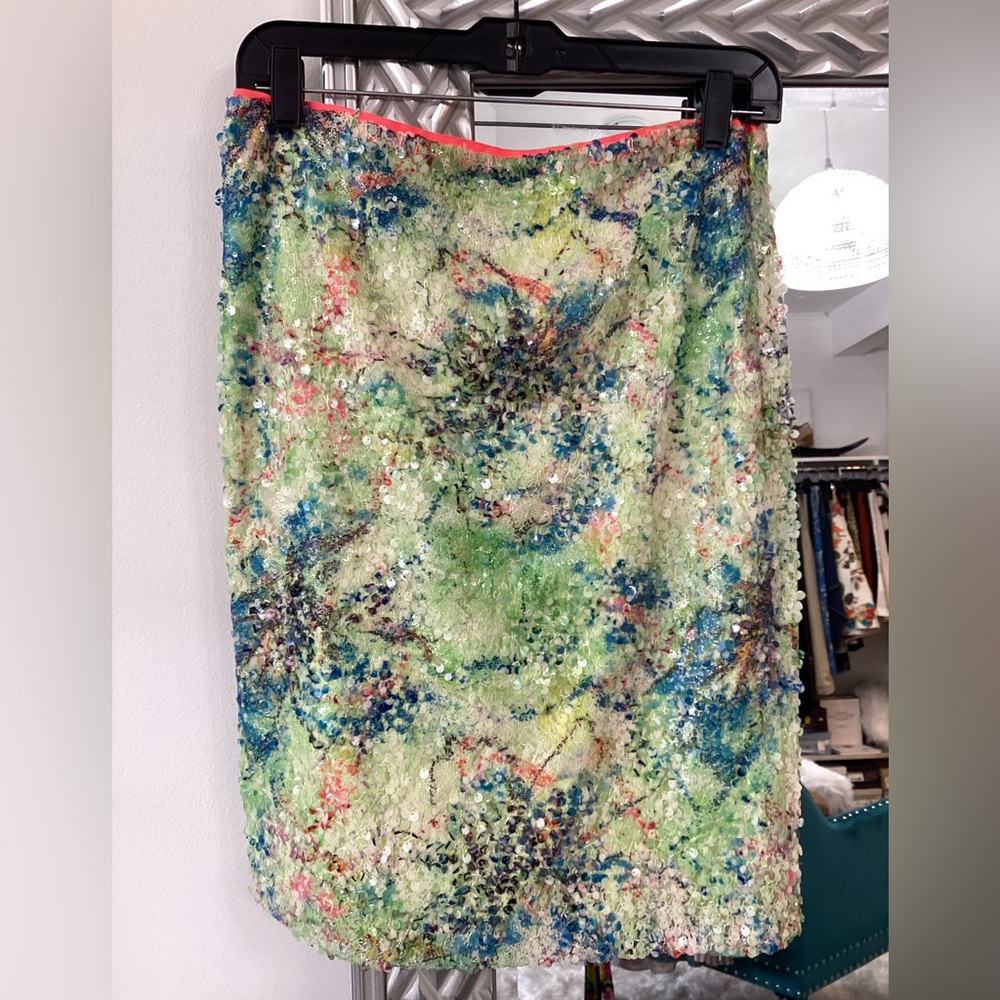 Elie tahari neon lime floral full sequin skirt side zip in Sz 4